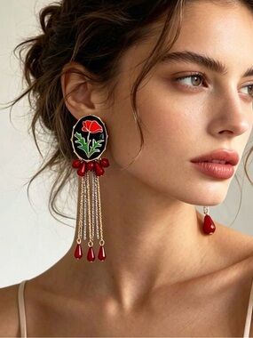 Red Floral Enamel Tassel Statement Earrings